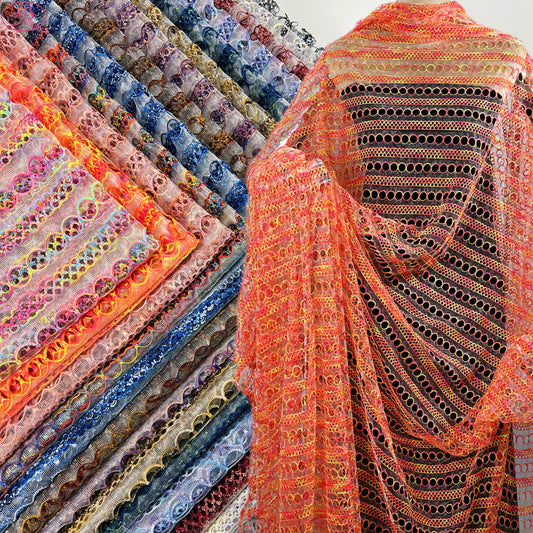 Yarn-Dyed Sheer Fabric with Circular Cut-Outs & Silver Sparkling Threads – Shimmery Summer Textile「七彩链条」