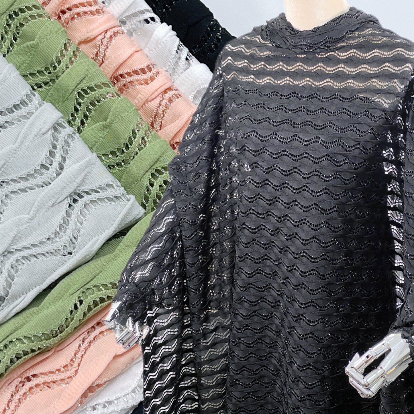 Lace Wave Stripe with Silver Thread Textile Knitted Jacquard Mesh Fabric「6213银线」