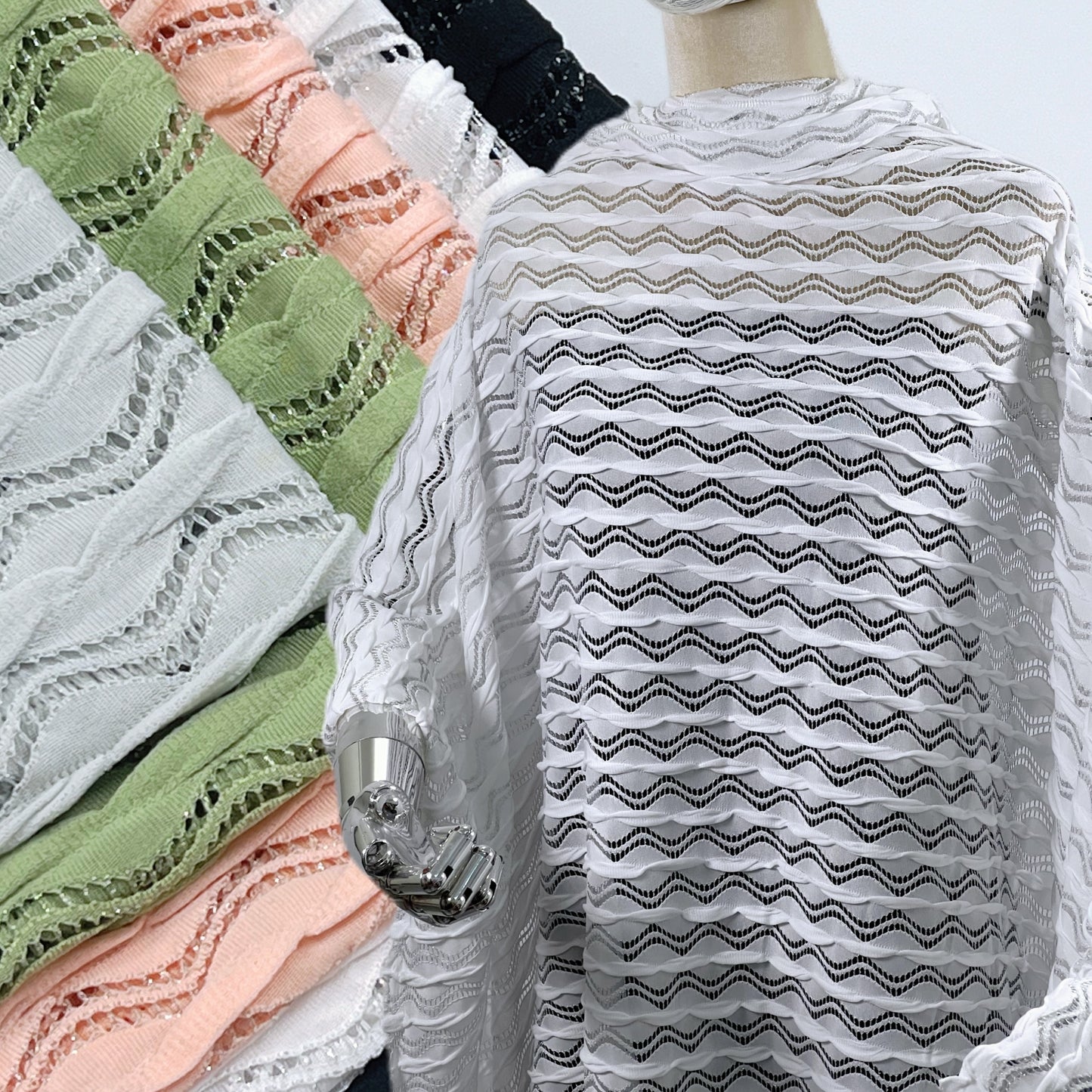 Lace Wave Stripe with Silver Thread Textile Knitted Jacquard Mesh Fabric「6213银线」