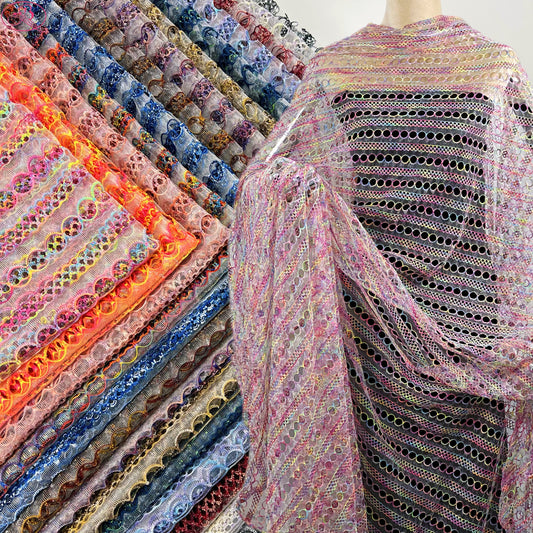 Yarn-Dyed Sheer Fabric with Circular Cut-Outs & Silver Sparkling Threads – Shimmery Summer Textile「七彩链条」