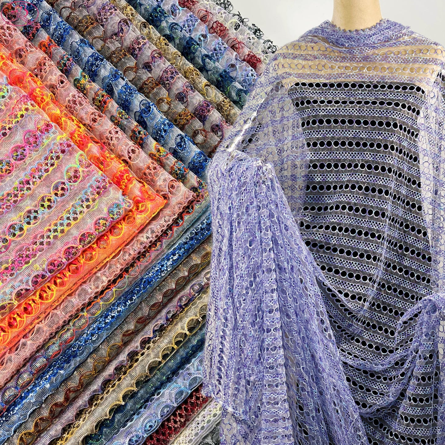 Yarn-Dyed Sheer Fabric with Circular Cut-Outs & Silver Sparkling Threads – Shimmery Summer Textile「七彩链条」