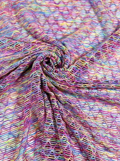 Sexy swimsuit fabric yarn-dyed mesh with high elasticity and multicolor diamond patterns.Rainbow-1 (七彩网格)
