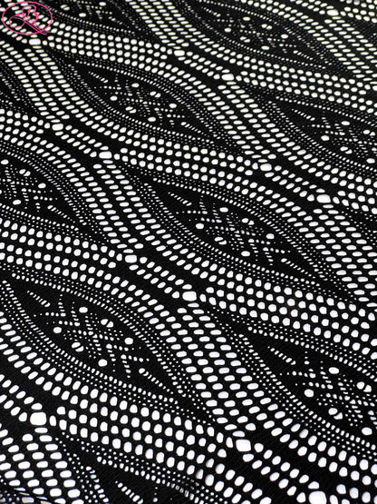 Leaf Patterned Lace Wave Stripe High Elasticity Sexy Knitted Jacquard Mesh Fabric「89001」